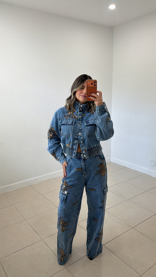Embellished Denim Bomber Jacket