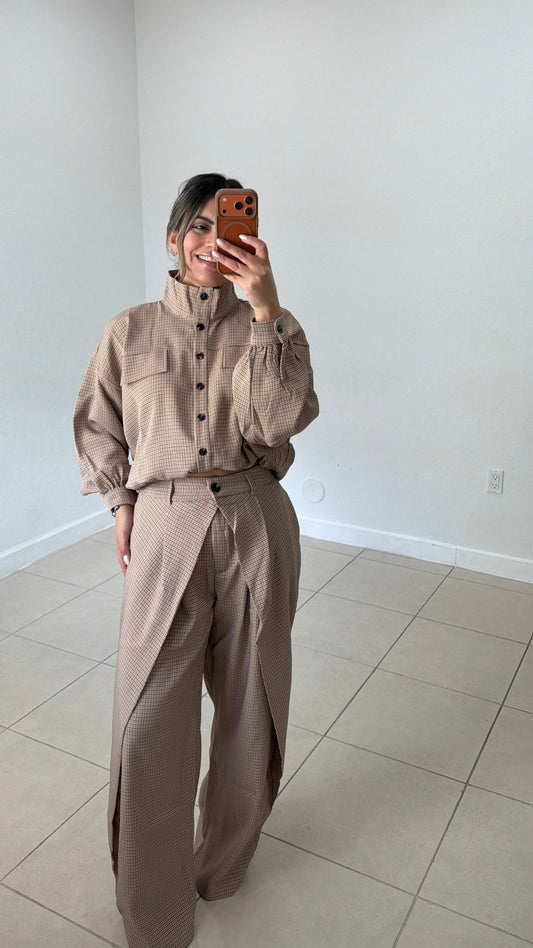 Plaid Bomber Jacket & Wrap Pants Set