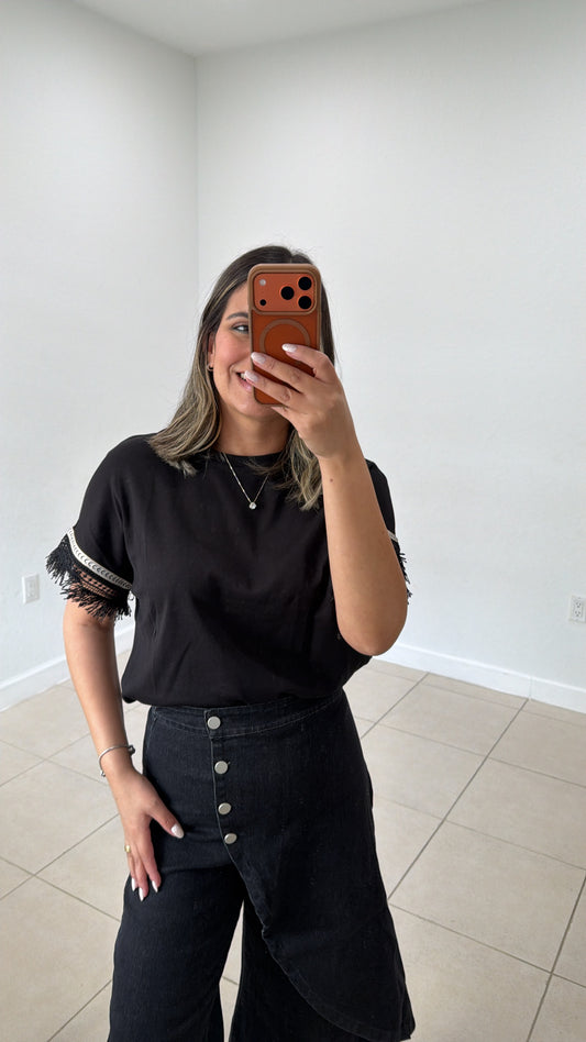 Black Fringe Sleeve Top