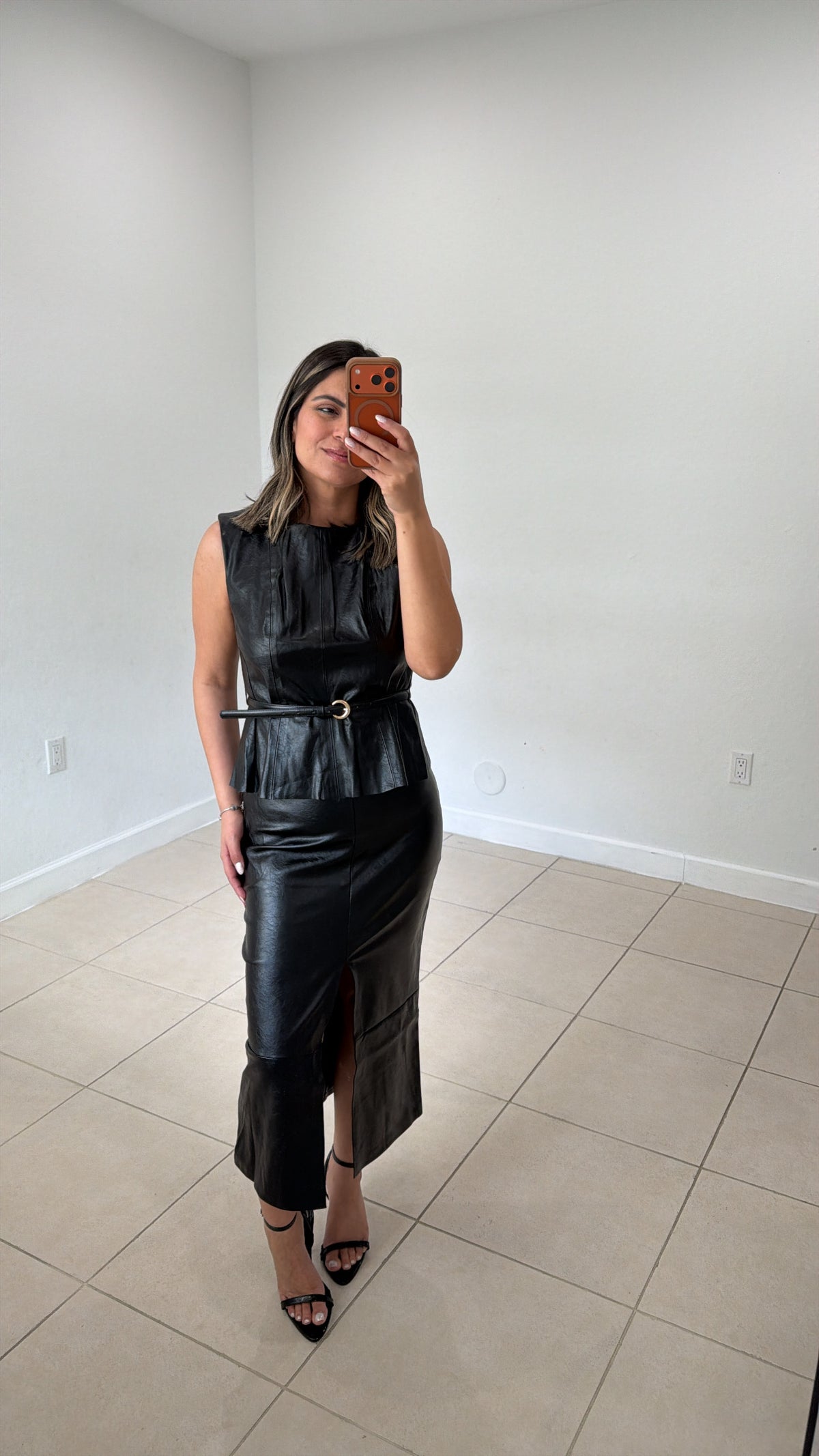 Faux Leather Belted Top & Midi Skirt Set