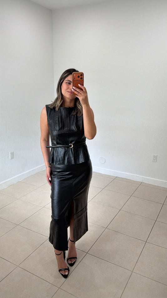 Faux Leather Belted Top & Midi Skirt Set