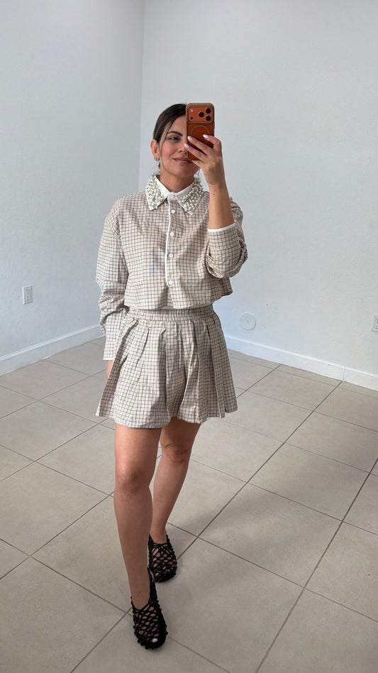 Plaid Pleated Skirt & Top Set