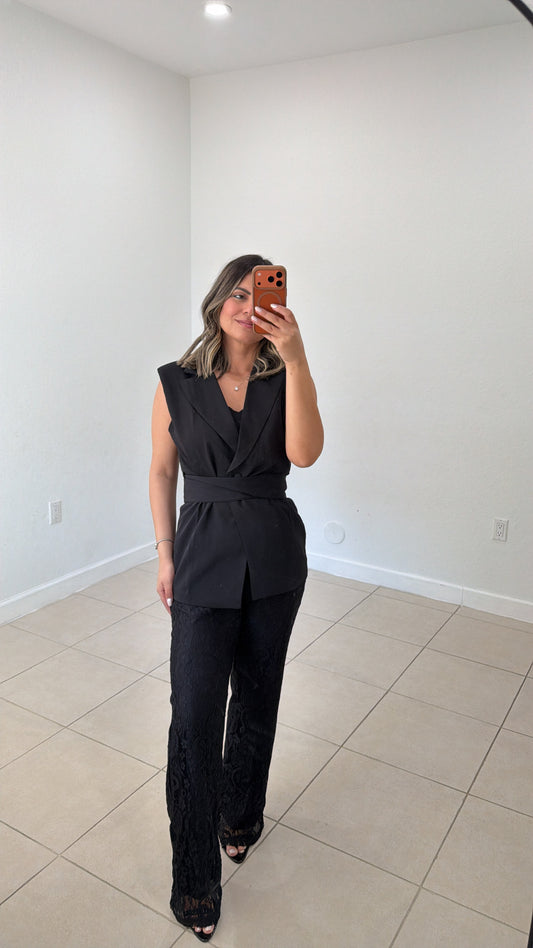 Belted Vest & Lace Wide Leg Pants Set