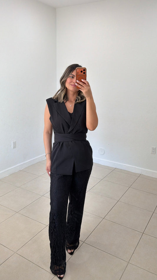 Belted Vest & Lace Wide Leg Pants Set