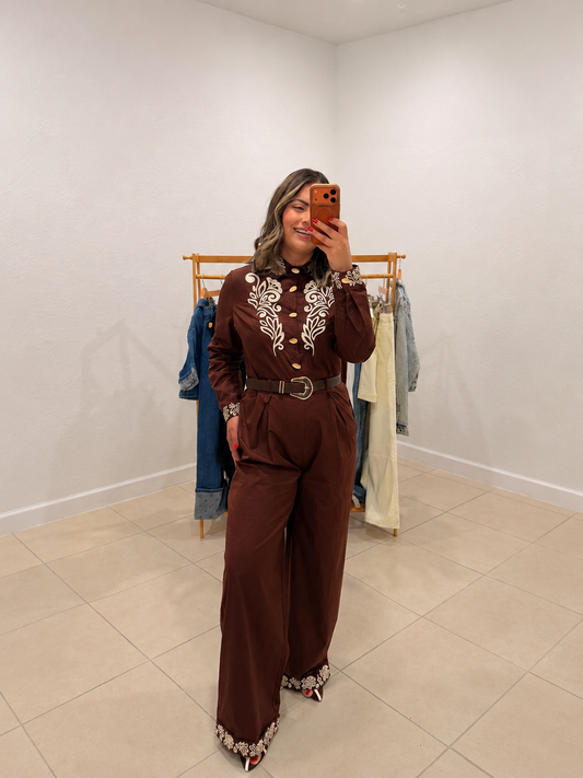 Embroidered Belted Jumpsuit